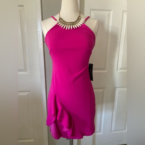 BEBE HALTER ASYMMETRICAL RUFFLE DRESS Yellow Size XS - Picture 1 of 10